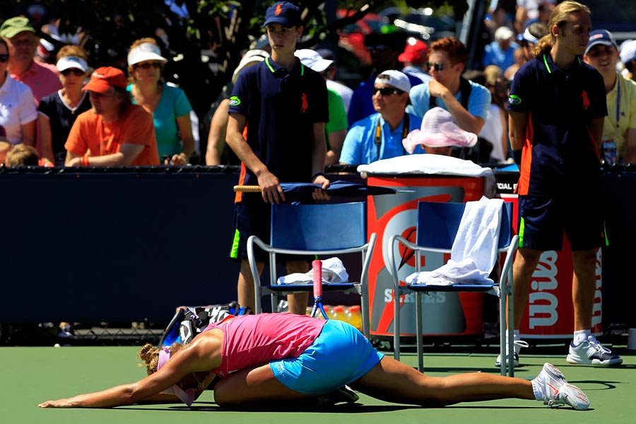 Yanina Wickmayer stretches out her back