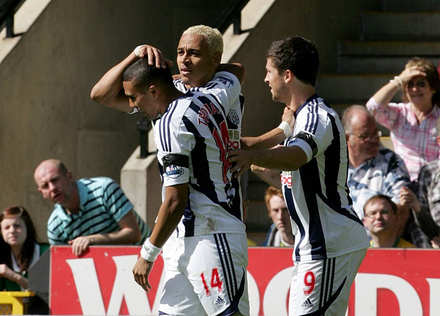 Peter Odemwingie is congratulated by team-mates