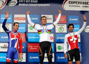 Bradley Wiggins, Tony Martin and Fabian Cancellara stand on the podium