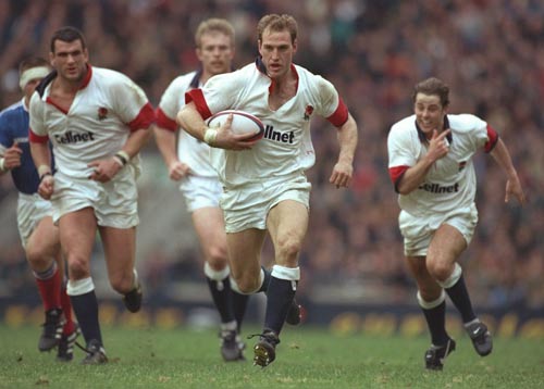 Lawrence Dallaglio breaks free to score England's opening try