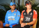 MS Dhoni and Alastair Cook at the unveiling of the series trophy
