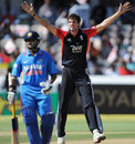 Steven Finn appeals after touching the ball to run Parthiv Patel out