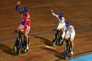 Laura Trott, Danielle King and Joanna Rowsell celebrate after winning the Women's Team Pursuit