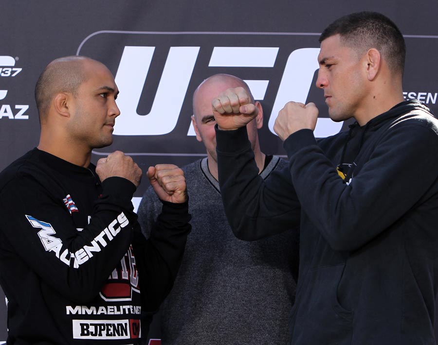 BJ Penn and Nick Diaz face off at the UFC 137 pre-fight press conference