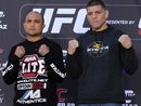 BJ Penn and Nick Diaz pose for photos at the UFC 137 pre-fight press conference