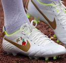 A close up of the boots of Ashley Cole during the England training session