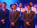 Novak Djokovic, Roger Federer and Tomas Berdych stand on stage