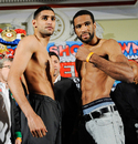 Amir Khan and Lamont Peterson square off after the weigh-in