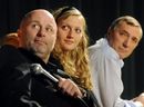 Petra Kvitova, her coach David Kotyza (left) and her father Jiri Kvita are seen during a meeting with citizens of Fulnek