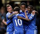 Didier Drogba is congratulated after scoring his 150th Chelsea goal