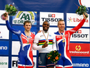 France's Gregory Bauge, flanked by Jason Kenny and Sir Chris Hoy