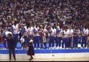 Christian Laettner USA Dream Team bends over to receive his gold medal
