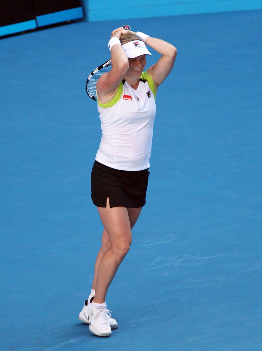 Kim Clijsters cuts a relieved figure after beating Li Na