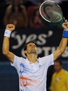 Novak Djokovic raises his arms in victory after beating David Ferrer