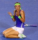 Victoria Azarenka shows her disbelief after winning her first major