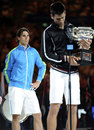 Rafael Nadal rues a missed opportunity as Novak Djokovic speaks to the crowd