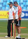 Andy Flower and Andrew Strauss assess the pitch ahead of the third Test