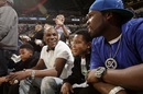Floyd Mayweather Jnr shares a joke with rapper 50 Cent