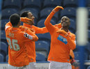 Blackpool celebrate Ludovic Sylvestre's goal