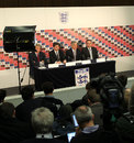Sir Trevor Brooking, Adrian Bevington, David Bernstein and Alex Horne address the media