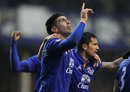 Denis Stracqualursi looks to the skies after doubling Everton's lead against Chelsea
