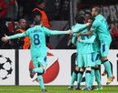 Barcelona players celebrate Alexis Sanchez's goal