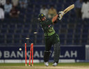 Shahid Afridi swings and misses at James Anderson