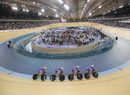 Steven Burke, Ed Clancy, Peter Kennaugh and Geraint Thomas practice in the team pursuit