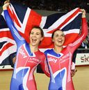 Victoria Pendleton and Jessica Varnish celebrate breaking a world record