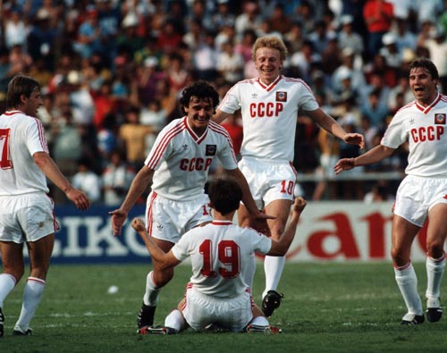 Igor Belanov celebrates after his second goal for Soviet Union against Belgium