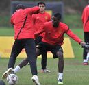 Paul Pogba makes a tackle during a training session