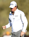 Rory McIlroy celebrates after a holed putt