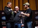 Nate Diaz and Jim Miller pose with Dana White at a press conference