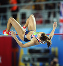 Jessica Ennis sails over the bar in the high jump