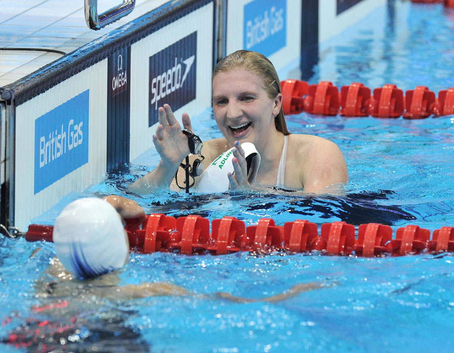 Rebecca Adlington celebrates winning the women's 800m freestyle