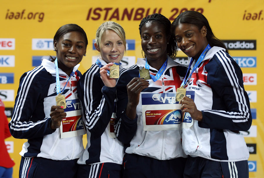 Perri Shakes-Drayton, Christine Ohuruogu, Nicola Sanders and Shana Cox show off their 4x400m relay gold medals