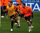 John Terry and Frank Lampard laugh during a training session
