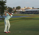 Ian Poulter tees off on the difficult 18th