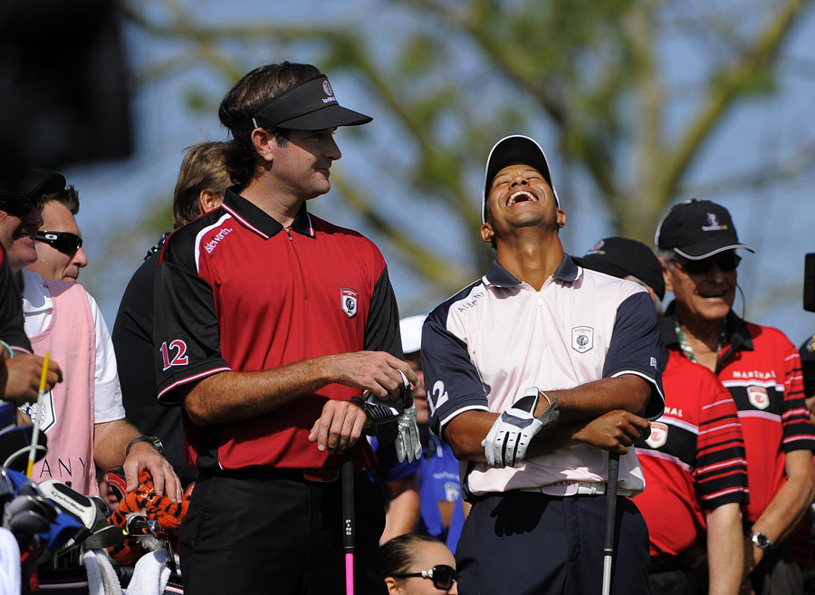Tiger Woods and Bubba Watson share a joke