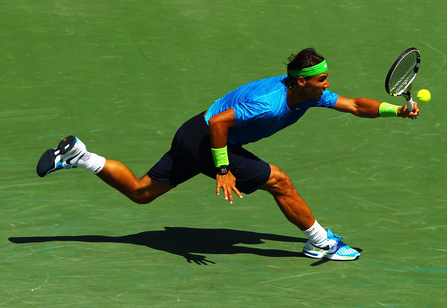 Rafael Nadal stretches for a forehand