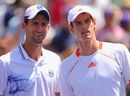 Andy Murray poses with Novak Djokovic before the men's singles final