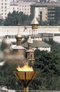 The Olympic flame burned in front of the ancient Novodevici Russian Orthodox monastery 