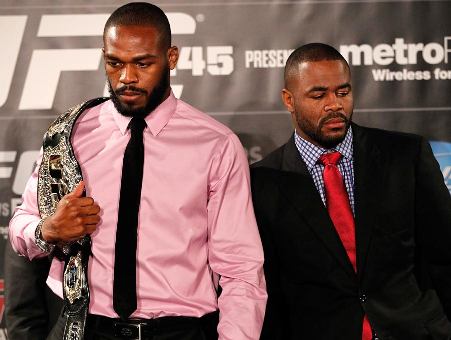 Jon Jones and Rashad Evans square off during a press conference 