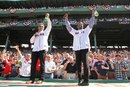 Former Boston Red Sox players Kevin Millar and Pedro Martinez lead a toast