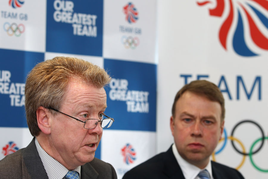 Lord Colin Moynihan talks to the media with Andy Hunt