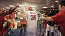 Los Angeles Angels pitcher Jered Weaver is congratulated on his no-hitter