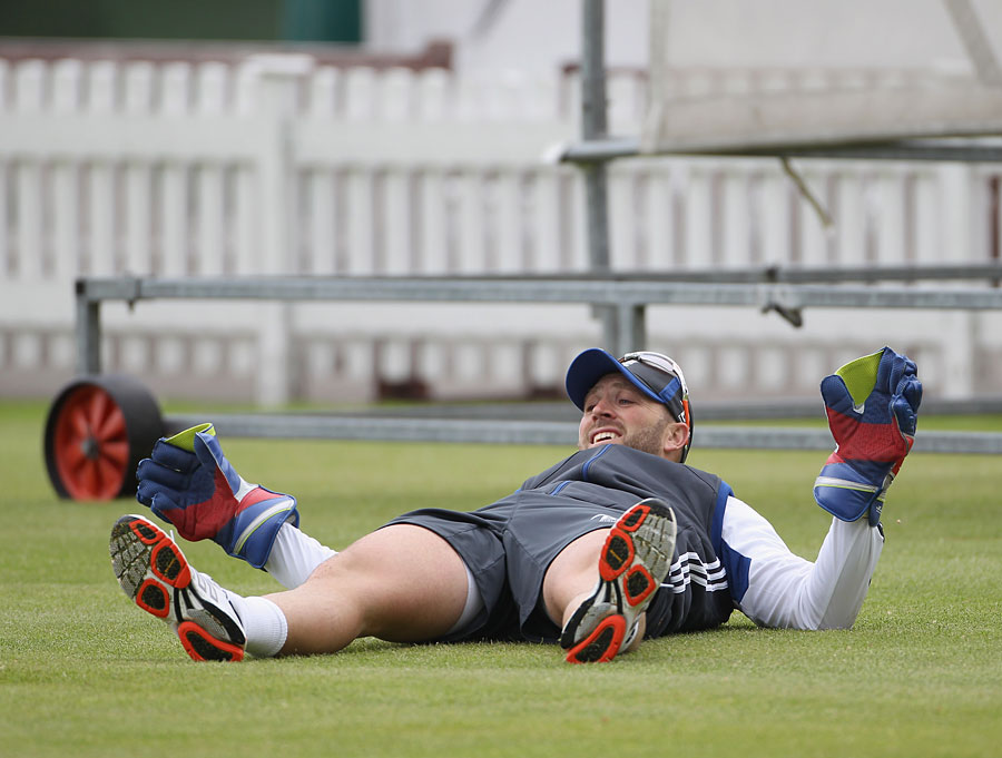Matt Prior ends up flat-out during keeping drills