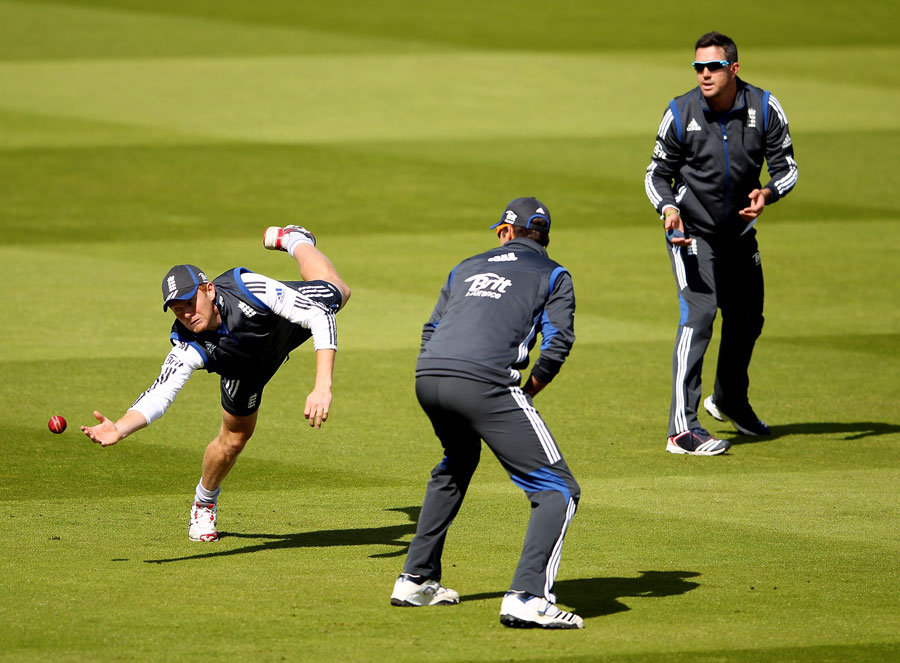 Jonny Bairstow attempts a diving catch during England practice