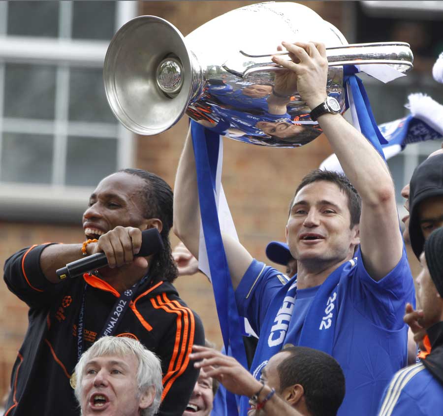 Didier Drogba and Frank Lampard smile during the Chelsea parade