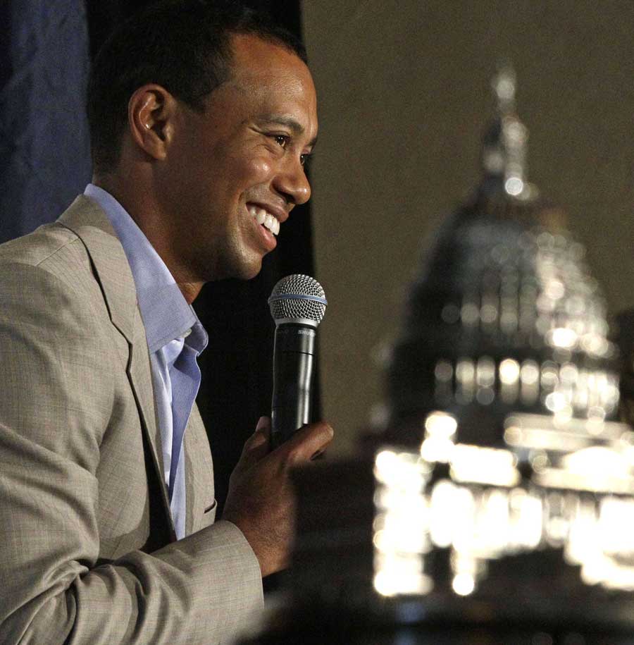 Tiger Woods speaks at an AT&T National media day